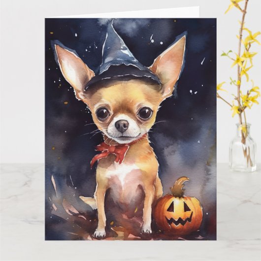 Halloween Chihuahua Met Pompoenen Griezelen Kaart (Gele Bloem)
