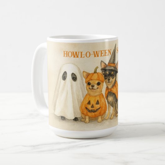 Halloween Chihuahua Mug – Cute Ghost, Pumpkin,  Koffiemok (Voorkant links)