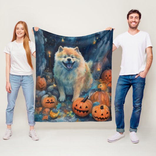 Halloween Chow Chow Met Pompoenen Eng Fleece Deken (In situ)