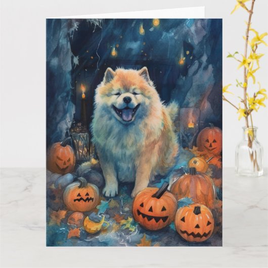 Halloween Chow Chow Met Pompoenen Eng Kaart (Gele Bloem)