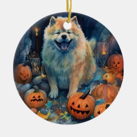 Halloween Chow Chow Met Pompoenen Eng Keramisch Ornament (Voorkant)