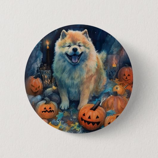 Halloween Chow Chow Met Pompoenen Eng Ronde Button 5,7 Cm (Voorkant)