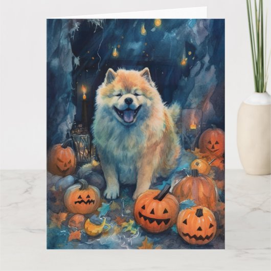 Halloween Chow Chow Met Pompoenen Griezelen Kaart (Voorkant)
