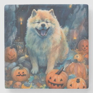 Halloween Chow Chow Met Pompoenen Griezelen Stenen Onderzetter