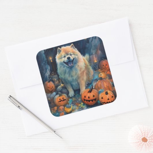 Halloween Chow met pompoenen eng Vierkante Sticker (Envelop)