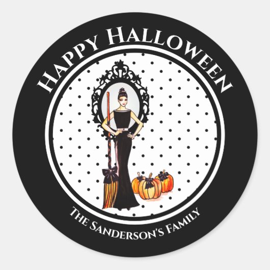 Halloween Classic Elegant Black Dress Polka Dots Ronde Sticker (Voorkant)