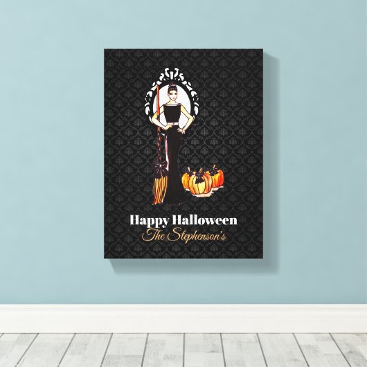 Halloween Classic Elegant Long Black Dress Canvas Afdruk (Insitu (Houten vloer))