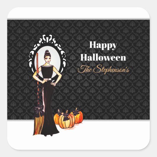 Halloween Classic Elegant Long Black Dress Canvas Vierkante Sticker (Voorkant)