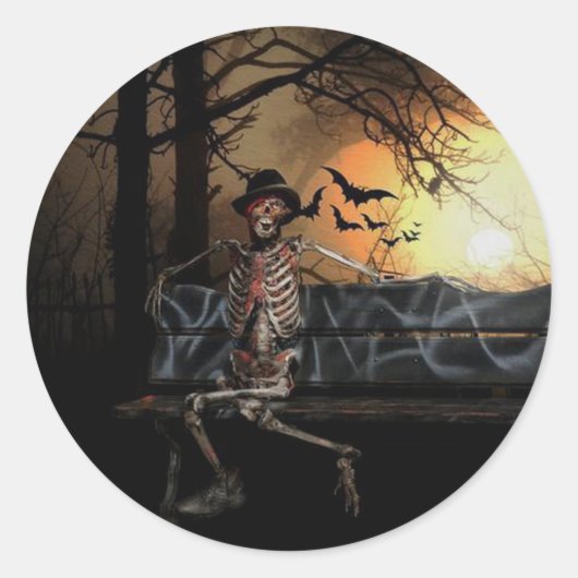 Halloween Classic Ronde Sticker / Skelet en vleerm (Voorkant)