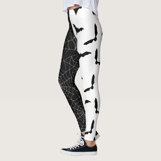 Halloween Cobwebs and Bats Black and White Pattern Leggings (Links)