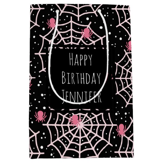 Halloween Cobwebs & Spiders Pattern Birthday Medium Cadeauzakje (Voorkant)