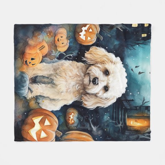Halloween Cockapoo met pomkins Scary Fleece Deken (Voorkant (Horizontaal))