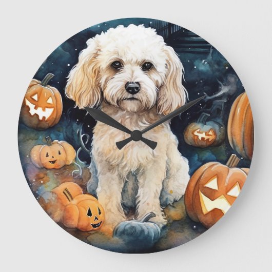 Halloween Cockapoo met pomkins Scary Grote Klok (Voorkant)