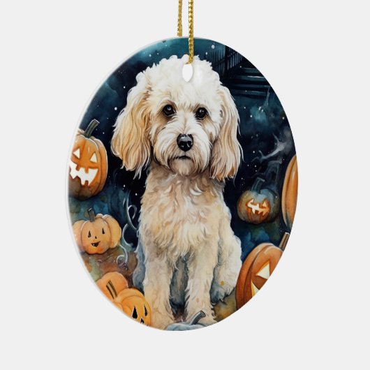 Halloween Cockapoo met pomkins Scary Keramisch Ornament (Rechts)