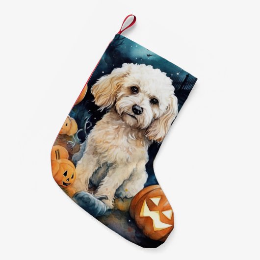 Halloween Cockapoo met pomkins Scary Kleine Kerstsok (Voorkant (Hangend))