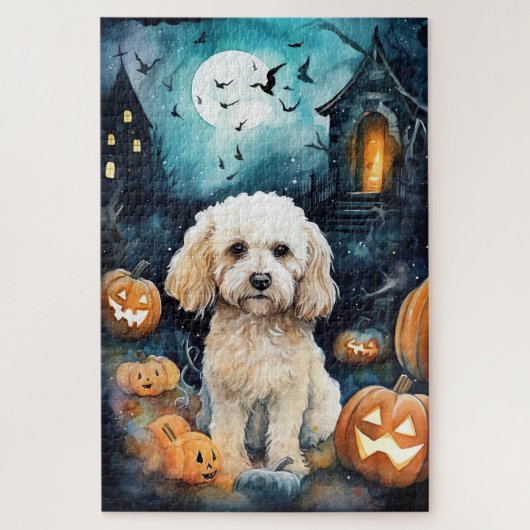 Halloween Cockapoo met pomkins Scary Legpuzzel (Verticaal)