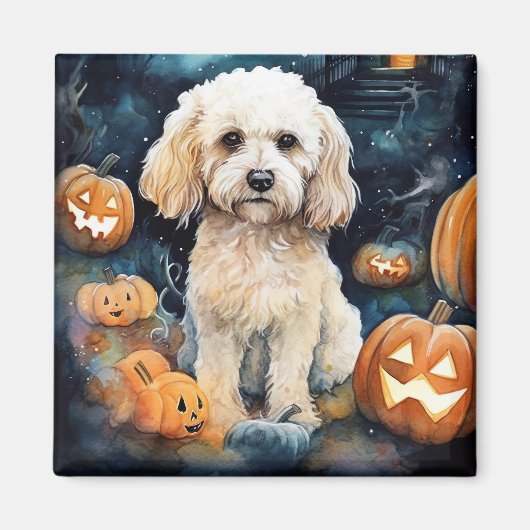 Halloween Cockapoo met pomkins Scary Magneet (Voorkant)