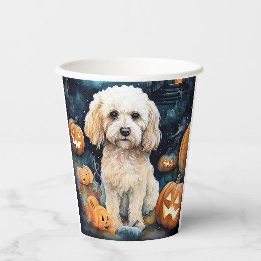Halloween Cockapoo met pomkins Scary Papieren Bekers (Voorkant)