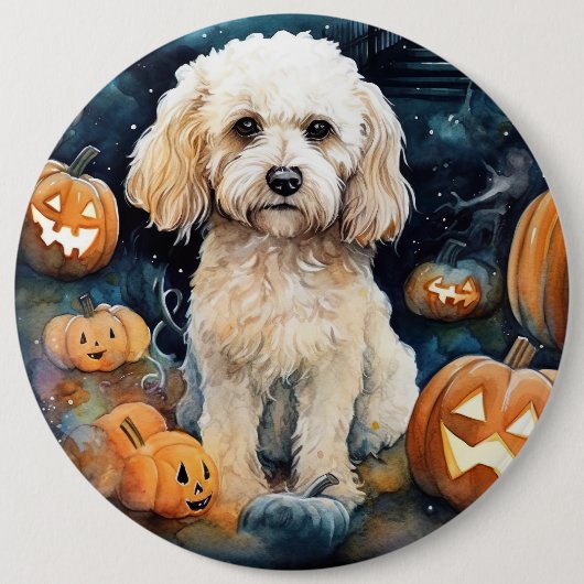 Halloween Cockapoo met pomkins Scary Ronde Button 6,0 Cm (Voorkant)