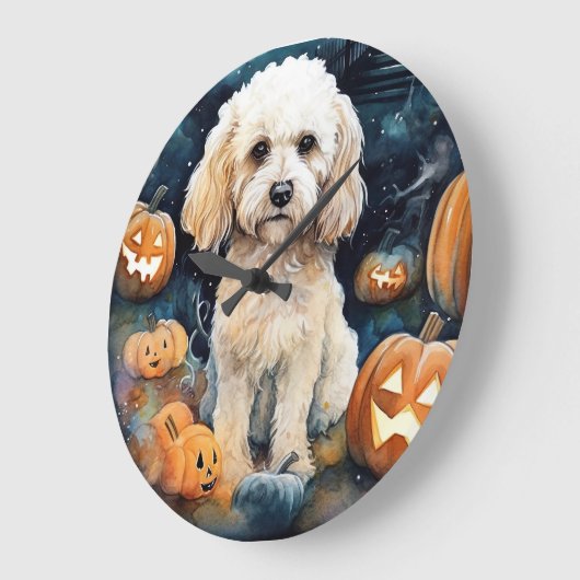 Halloween Cockapoo met pompoenen eng  Grote Klok (Hoek)