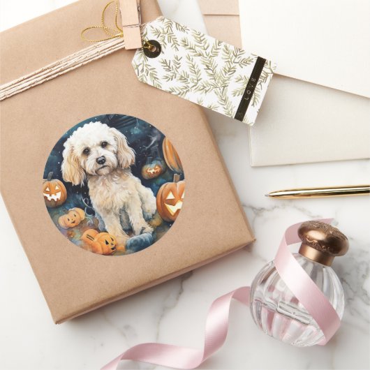 Halloween Cockapoo Met Pompoenen Eng  Ronde Sticker (Geschenken)