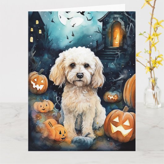 Halloween Cockapoo Met Pompoenen Griezelen  Kaart (Gele Bloem)