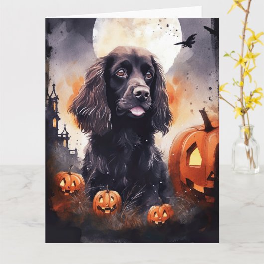 Halloween Cocker Spaniel met pompoenen Kaart (Gele Bloem)