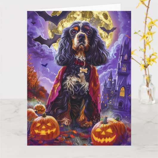 Halloween Cocker Spaniel Vampier Pompoenen Griezel Kaart (Gele Bloem)