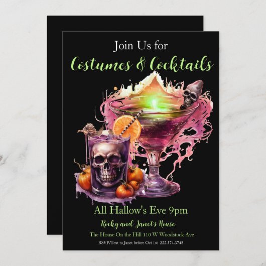 Halloween Cocktail Kostuum Feest Kaart (Voorkant / Achterkant)
