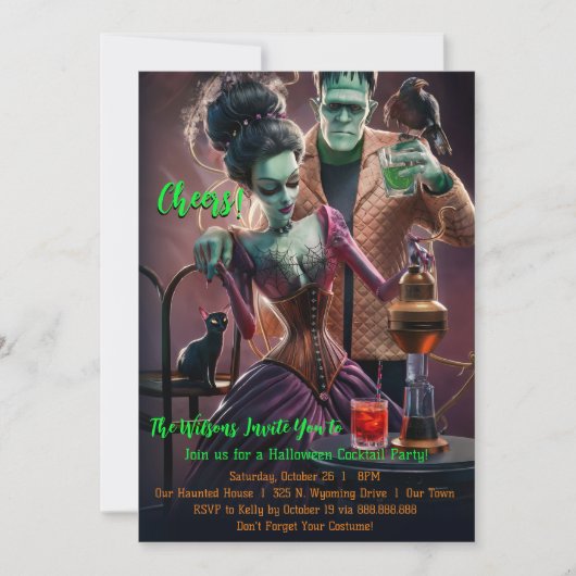 Halloween Cocktail Party, Frankenstein & Bride Kaart (Voorkant)