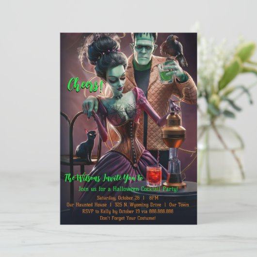 Halloween Cocktail Party, Frankenstein & Bride Kaart (Staand voorkant)