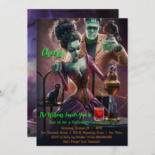 Halloween Cocktail Party, Frankenstein & Bride Kaart (Voorkant / Achterkant)