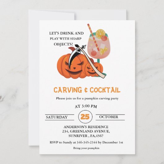 Halloween Cocktails en Carving Adult Party Invit Kaart (Voorkant)