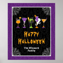 Halloween Cocktails Purple Damask Party Sign Poster