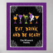 Halloween Cocktails Purple Damask Party Sign Poster (Voorkant)