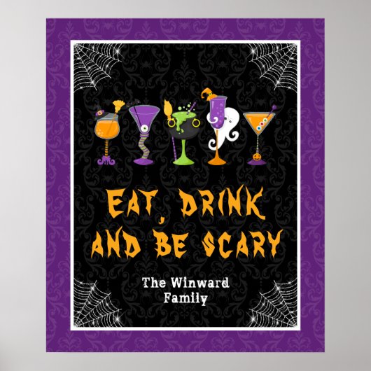Halloween Cocktails Purple Damask Party Sign Poster (Voorkant)