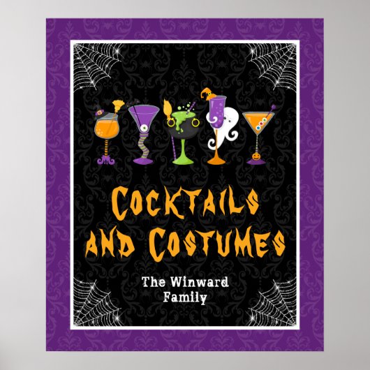 Halloween Cocktails Purple Damask Party Sign Poster (Voorkant)