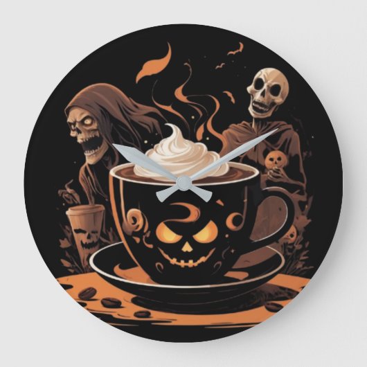 Halloween Coffee Art – Spooky Latte with Skeletons Grote Klok (Voorkant)