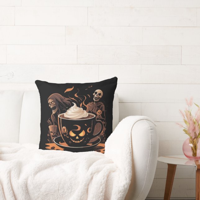 Halloween Coffee Art – Spooky Latte with Skeletons Kussen (Bank)