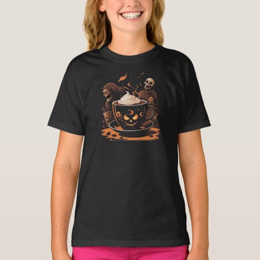 Halloween Coffee Art – Spooky Latte with Skeletons T-shirt (Voorkant)