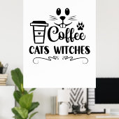 Halloween Coffee Cats Witches Birthday Poster (Thuiskantoor)