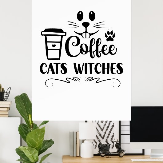 Halloween Coffee Cats Witches Birthday Poster (Thuiskantoor)