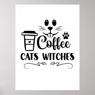 Halloween Coffee Cats Witches Birthday Poster