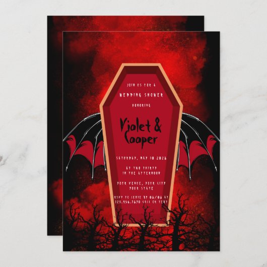 Halloween Coffin and Bat Wings Wedding Shower Kaart (Voorkant / Achterkant)