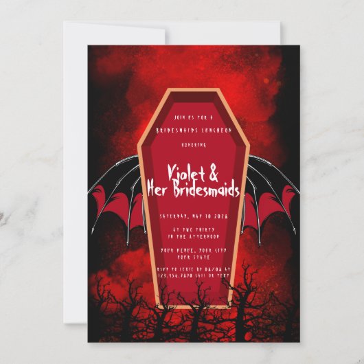 Halloween Coffin Bat Wings Bridesmaides Luncheon Kaart (Voorkant)