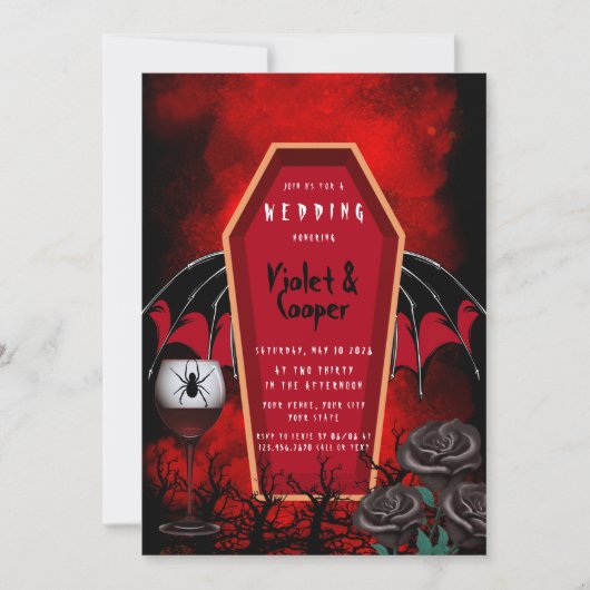 Halloween Coffin en Bat Wings Red Black Weddenscha Kaart (Voorkant)