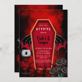Halloween Coffin en Bat Wings Red Black Weddenscha Kaart (Voorkant / Achterkant)