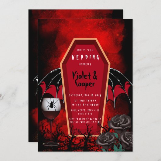 Halloween Coffin en Bat Wings Red Black Weddenscha Kaart (Voorkant / Achterkant)