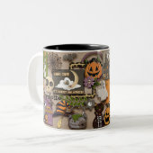 Halloween Collage Naam toevoegen Witch Bat Pumpkin Tweekleurige Koffiemok (Voorkant links)