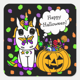 Halloween Colors Unicorn met Butterfly on Nose Vierkante Sticker